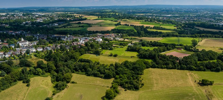 Luftbildaufnahme von Würselen mit Feldern, Wald und Wiesen